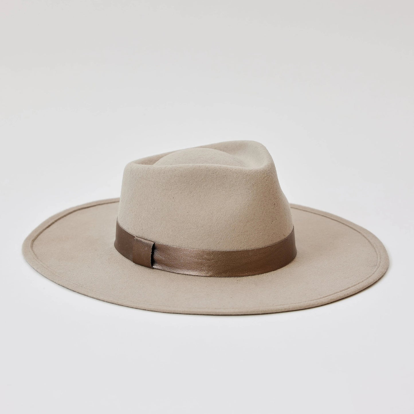 Wool Felt Fedora with Metallic Leather Trim - Beige