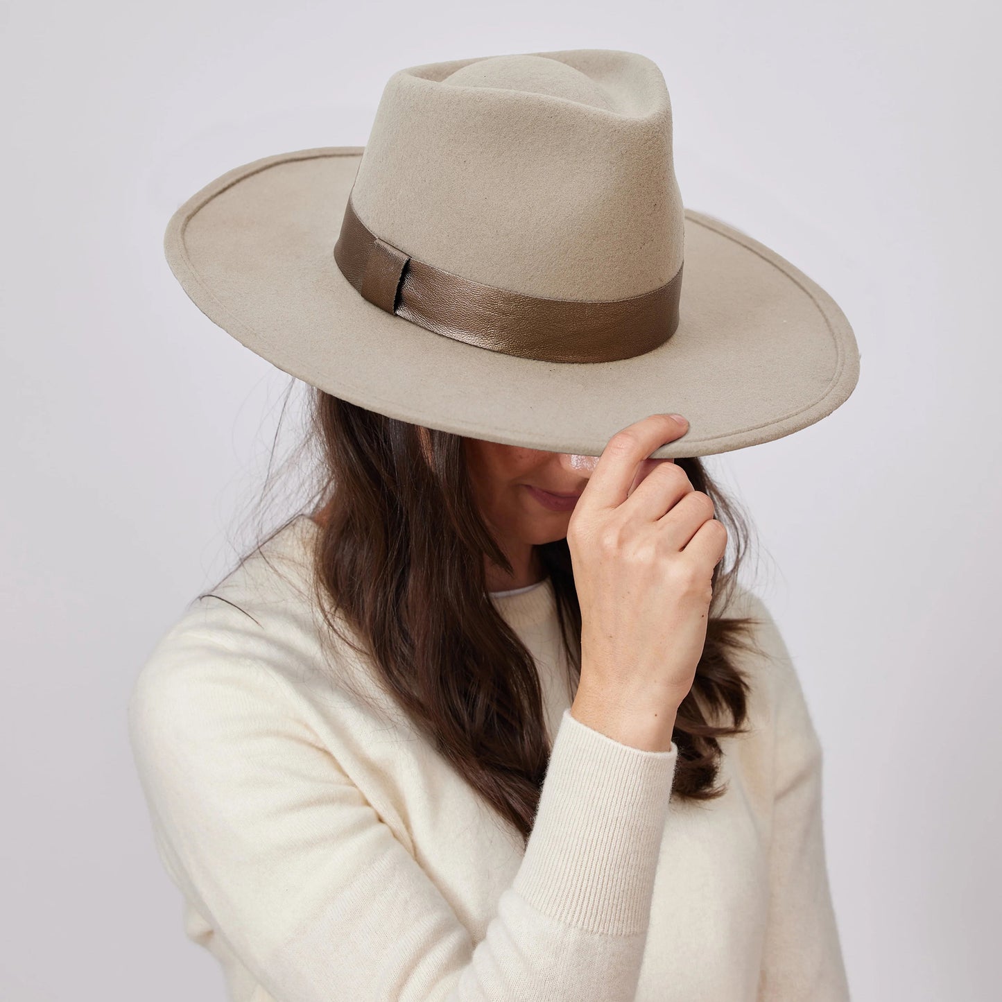 Wool Felt Fedora with Metallic Leather Trim - Beige