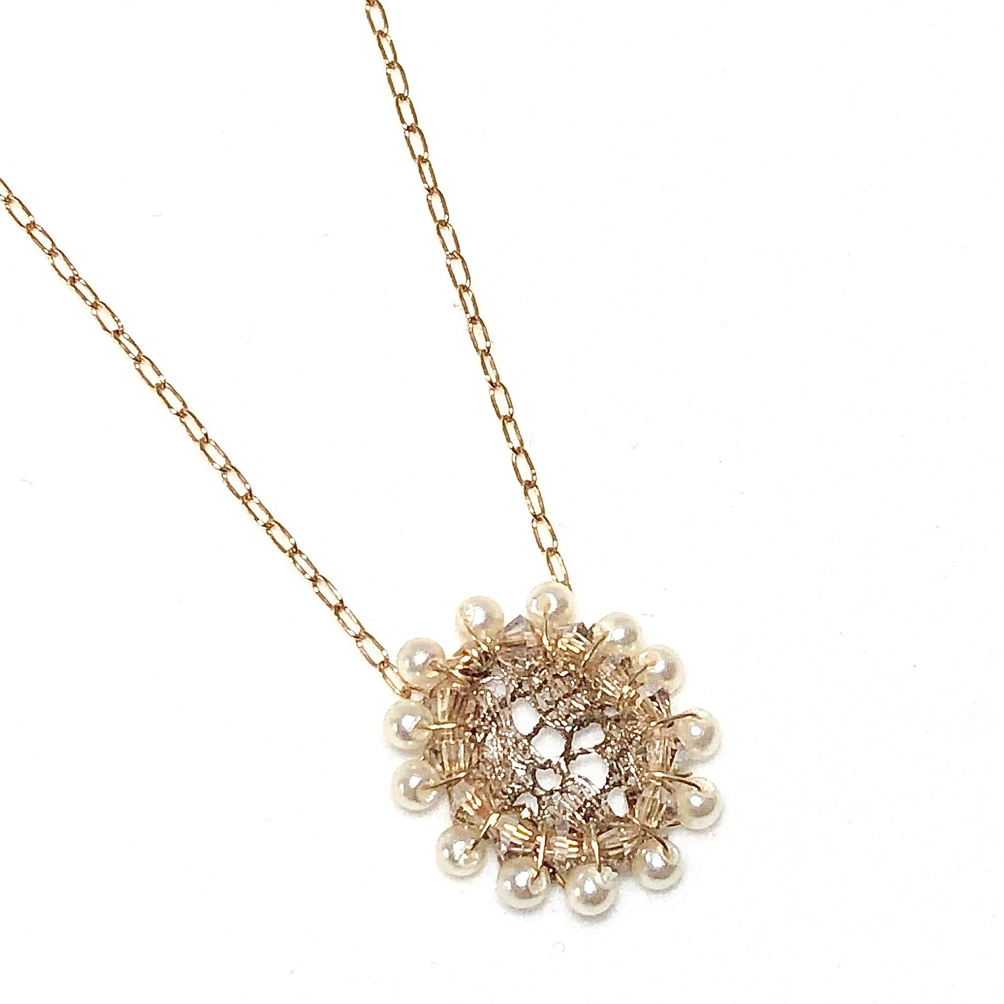 Antique French Metal Lace + Pearl Petite Pendant Necklace