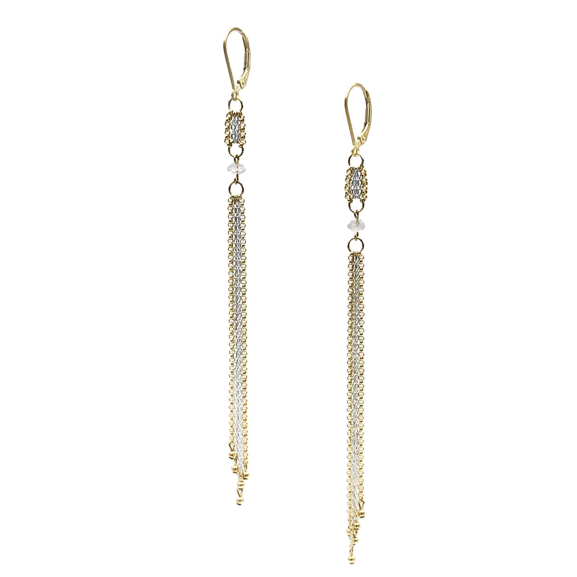 Long Silver + Gold Fringe Duster Earrings with Clear Quartz + Pyrite Accents