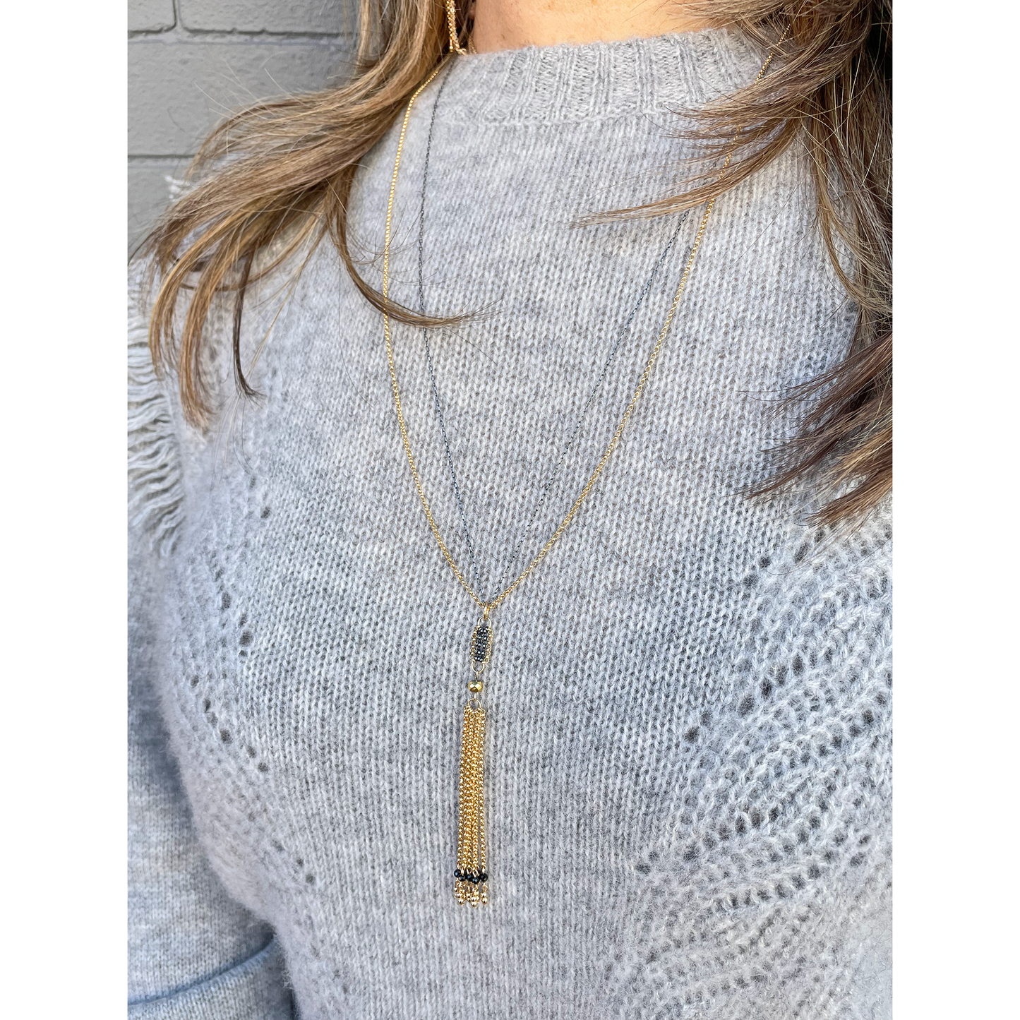 Black + Gold Tassel Necklace with Black Spinel Accents