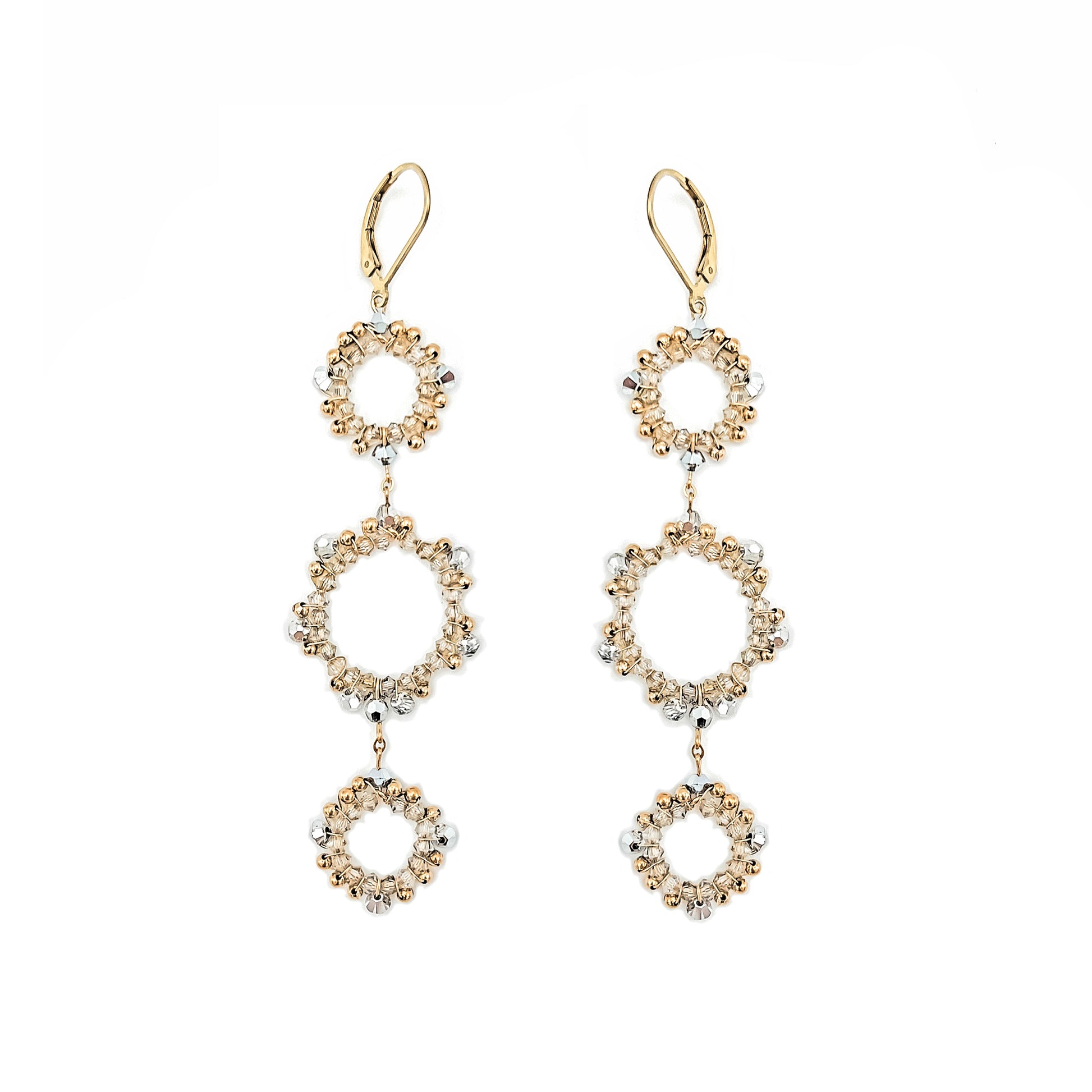 Gold Bead + Silver European Crystal Triple-Circle Statement Earrings