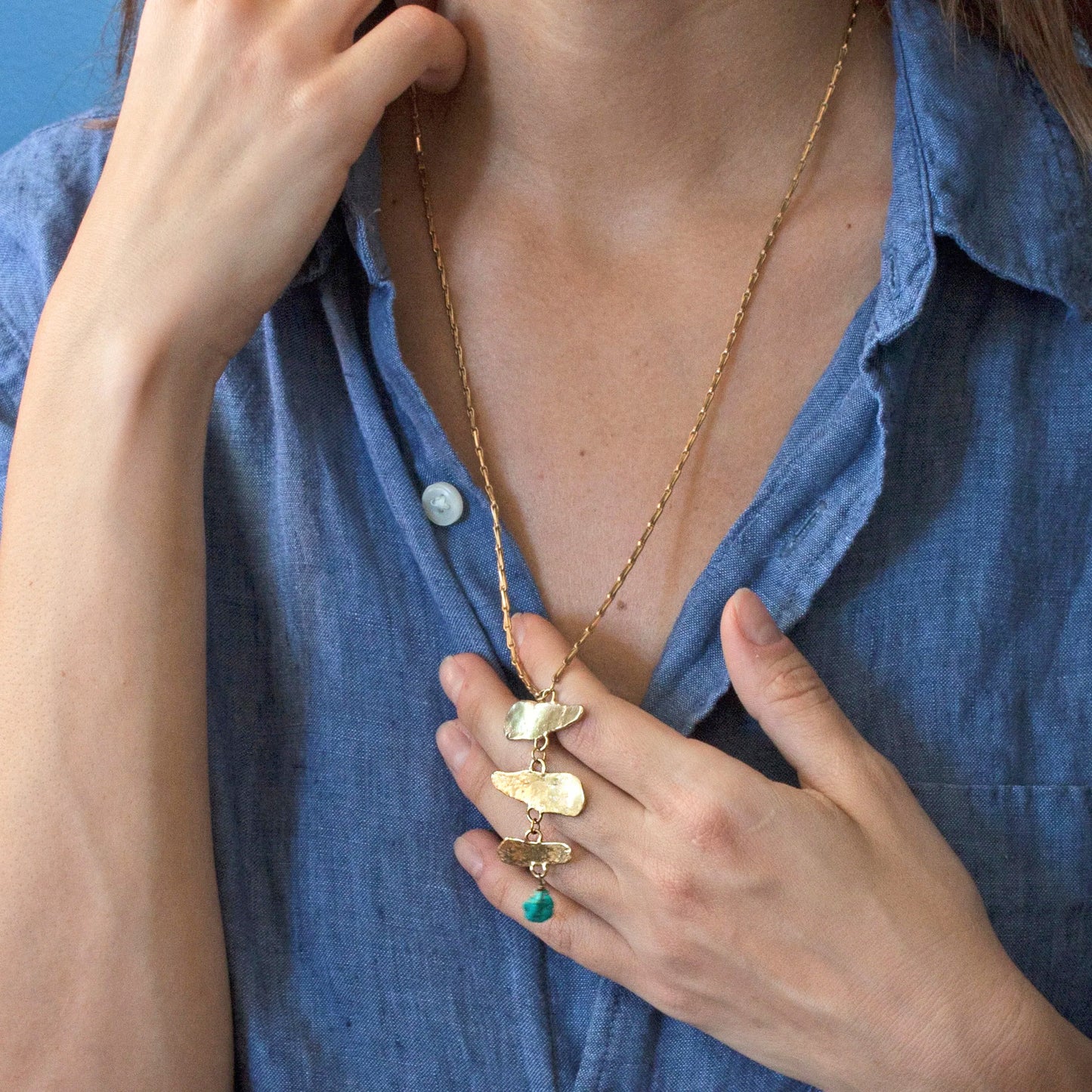 Turquoise + Brass 'Fern' Pendant Necklace