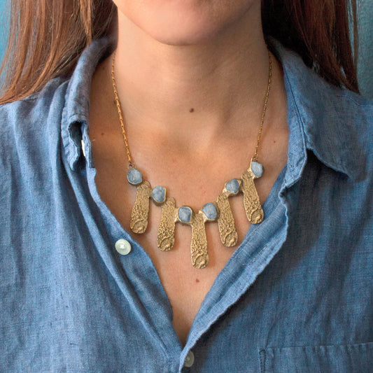 Rough Aquamarine + Brass Tabs Statement Collar Necklace
