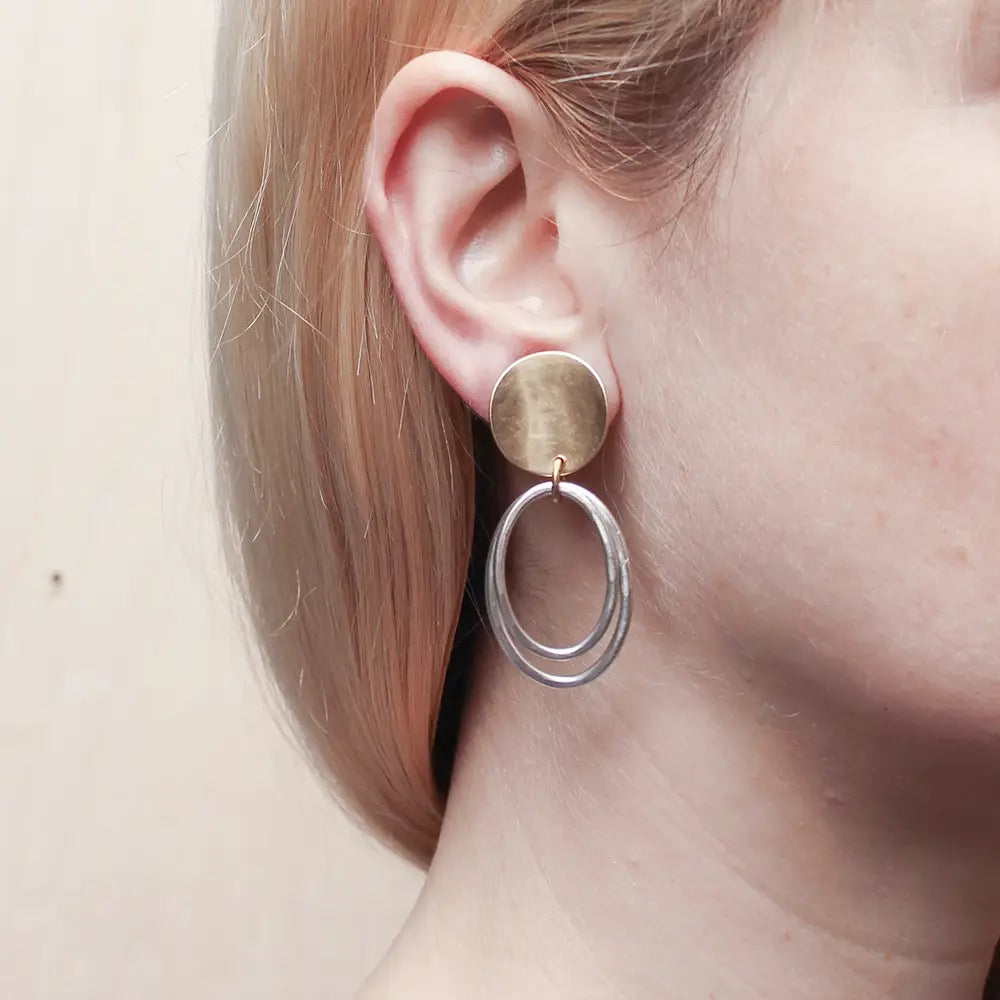 Curved Disc with Two Oval Rings Clip-On Earrings