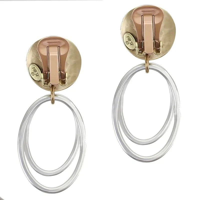 Curved Disc with Two Oval Rings Clip-On Earrings