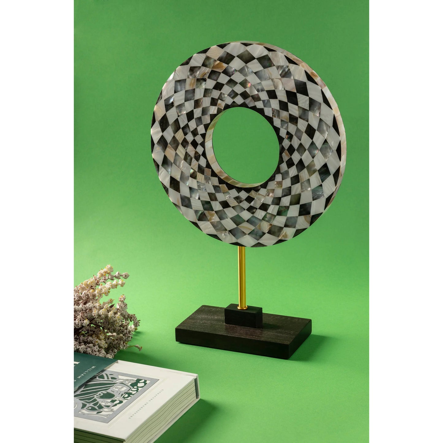 Mother of Pearl Inlay Disc Sculpture on Stand