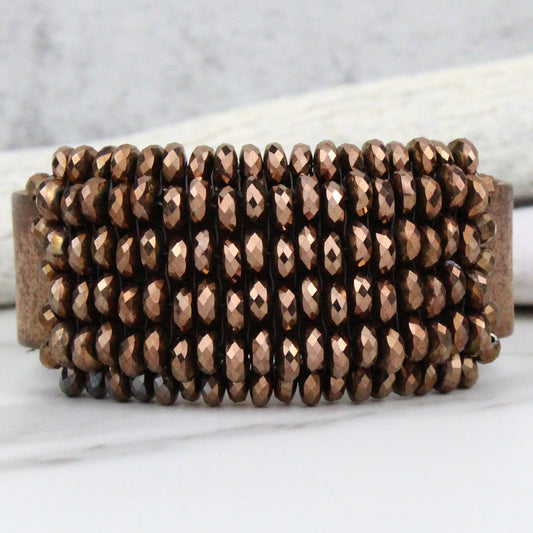 Copper Hematite Rondelles on Vintage Brown Leather Cuff Bracelet