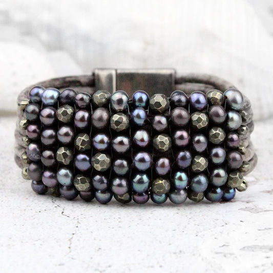 Peacock Pearls + Pyrite on Coffee Leather Cuff Bracelet