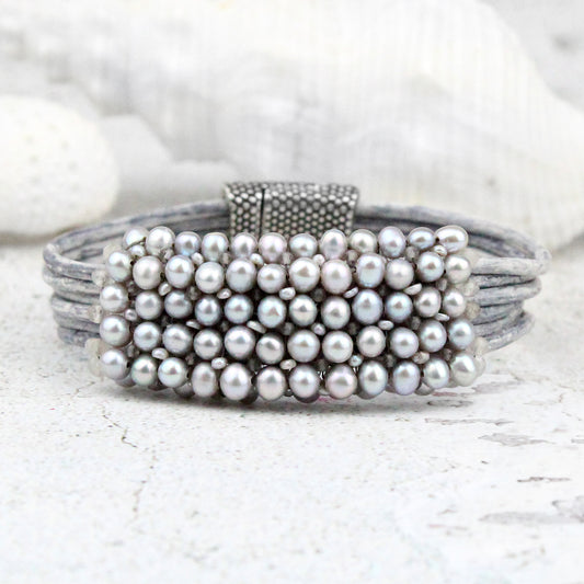 Grey Pearls, Smokey Quartz + Seed Pearls on Driftwood Leather Cuff Bracelet