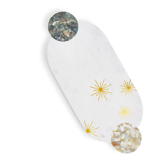 White Marble + Mother of Pearl Cheese Board with Brass Inlay
