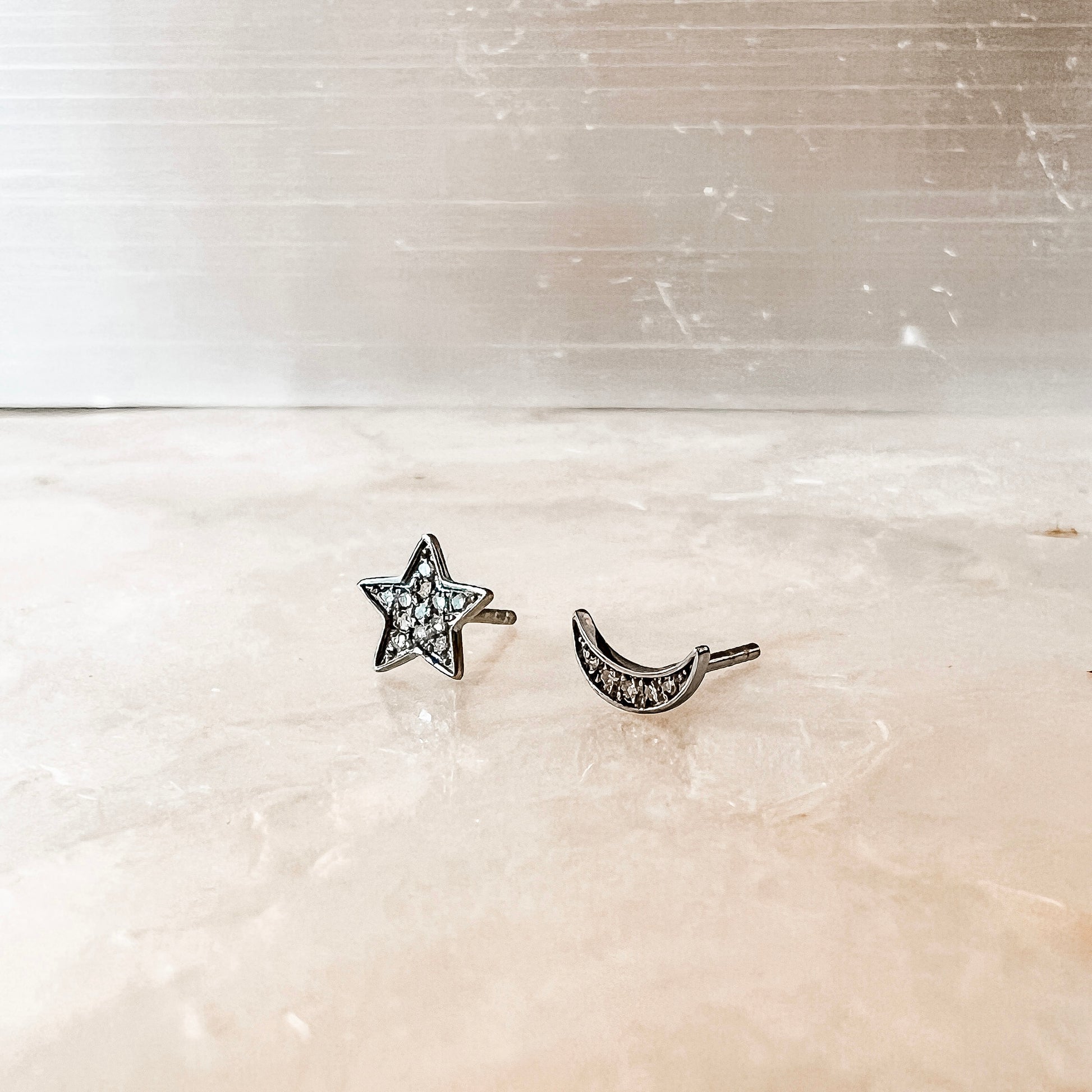 Sterling Silver Star + Moon Stud Earrings with Diamonds