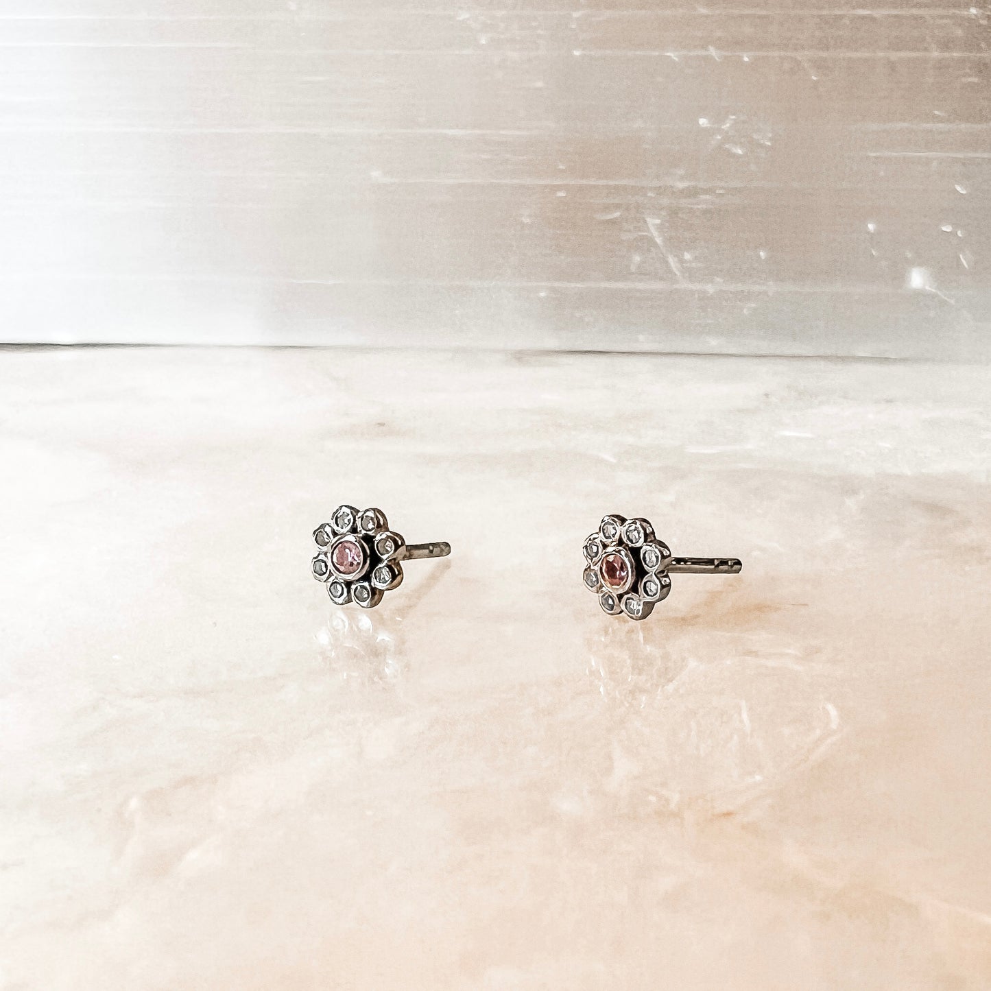 Sterling Silver Flower Stud Earrings with Pink Sapphires + Diamonds