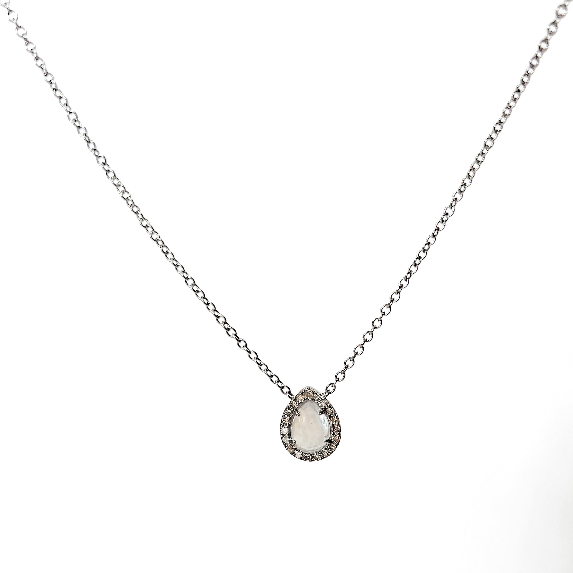 Oxidized Sterling Silver, Moonstone + Pave Diamond Teardrop Pendant Necklace