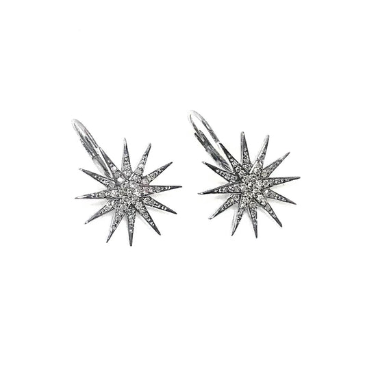 Oxidized Sterling Silver + Diamond Starburst Drop Earrings