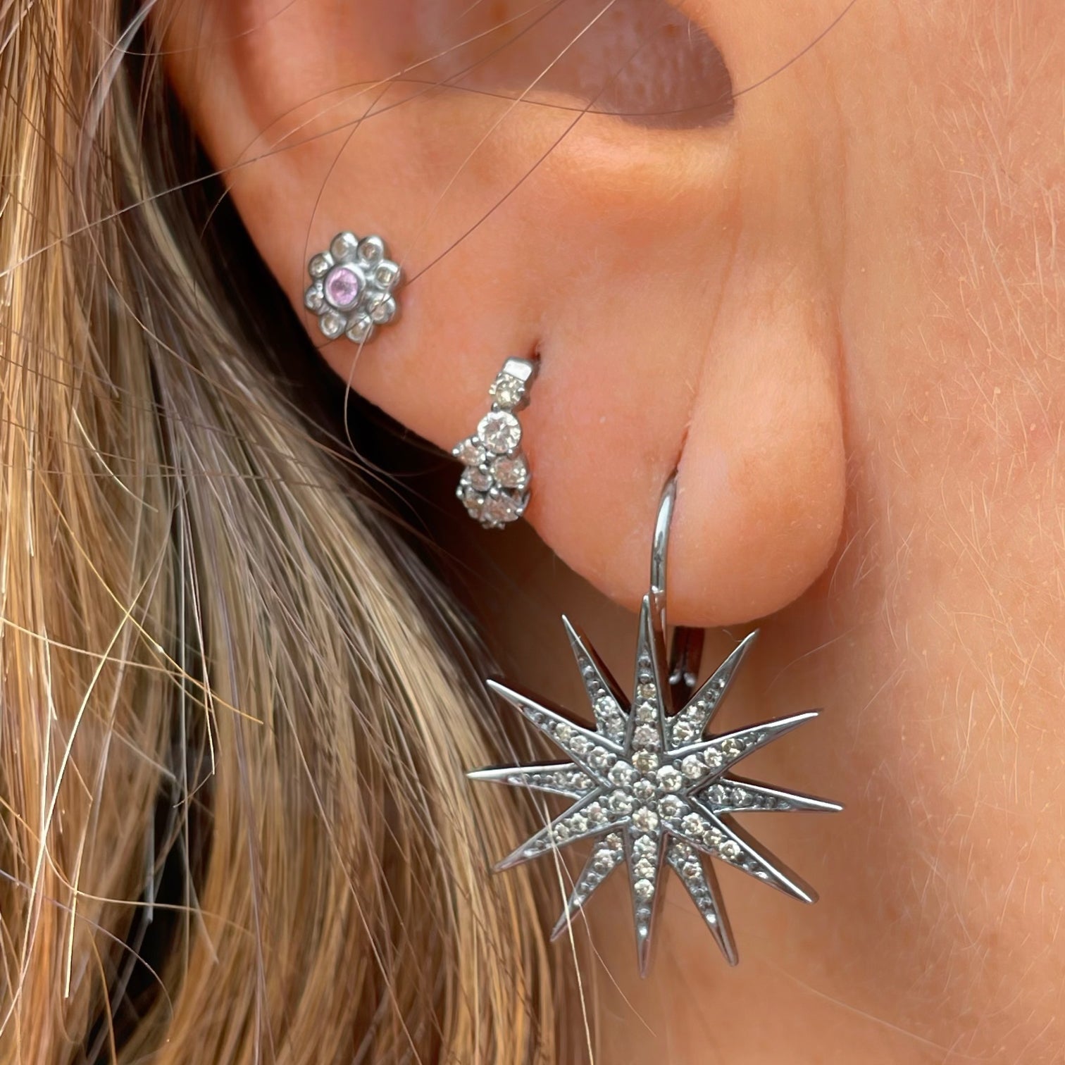 Oxidized Sterling Silver + Diamond Starburst Drop Earrings