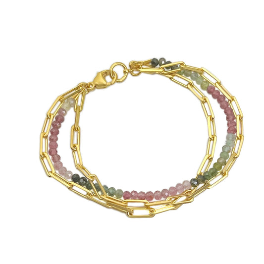 Triple Strand Multi-Color Tourmaline + Chain Bracelet