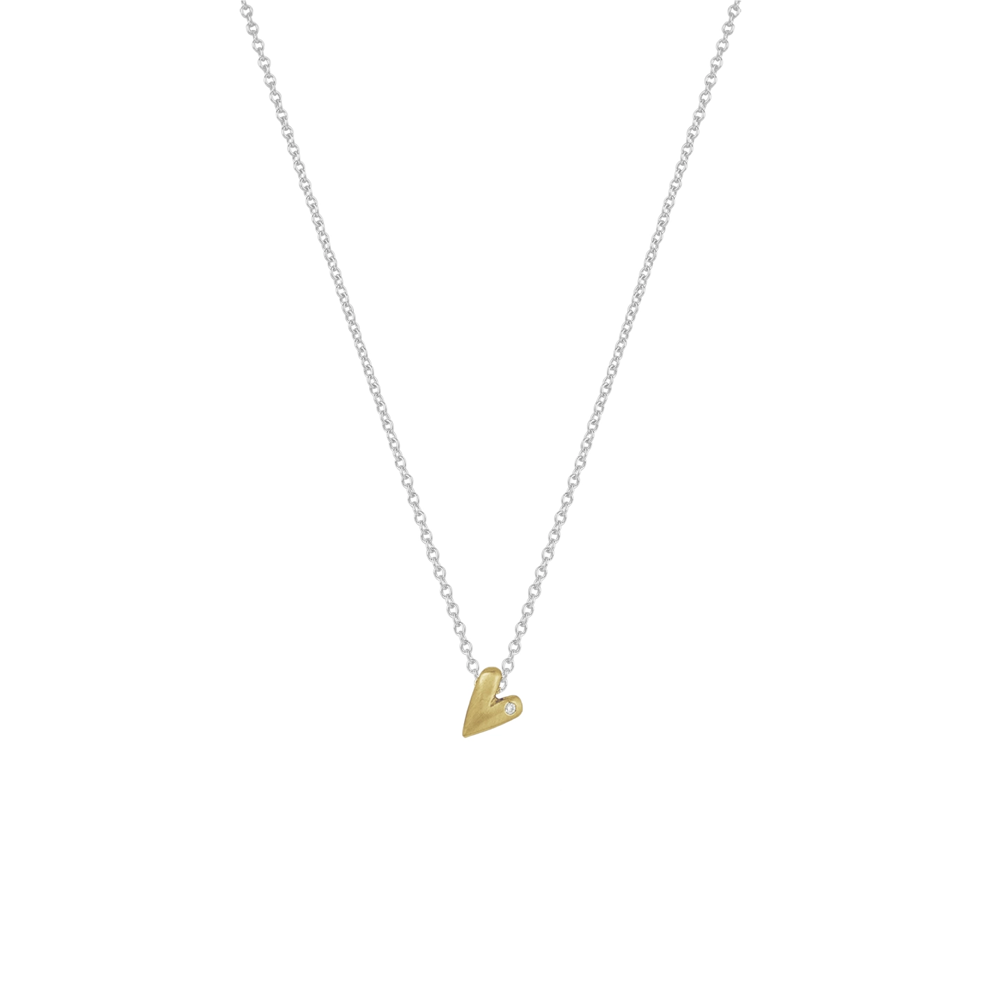 14k Gold Puffy Heart with Diamond Pendant Necklace on Silver Chain
