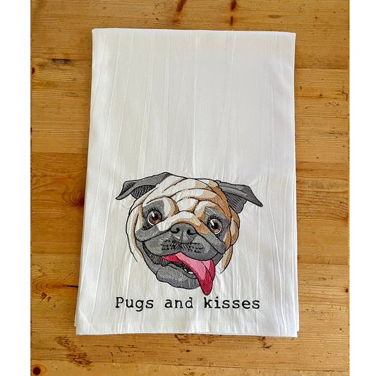 Pugs and Kisses - Embroidered Flour Sack Kitchen Towel
