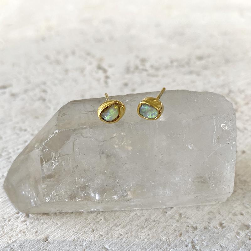 Bezel Set Gemstone Stud Earrings - Opal