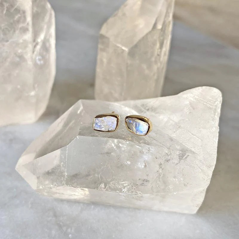 Bezel Set Gemstone Stud Earrings - Rainbow Moonstone