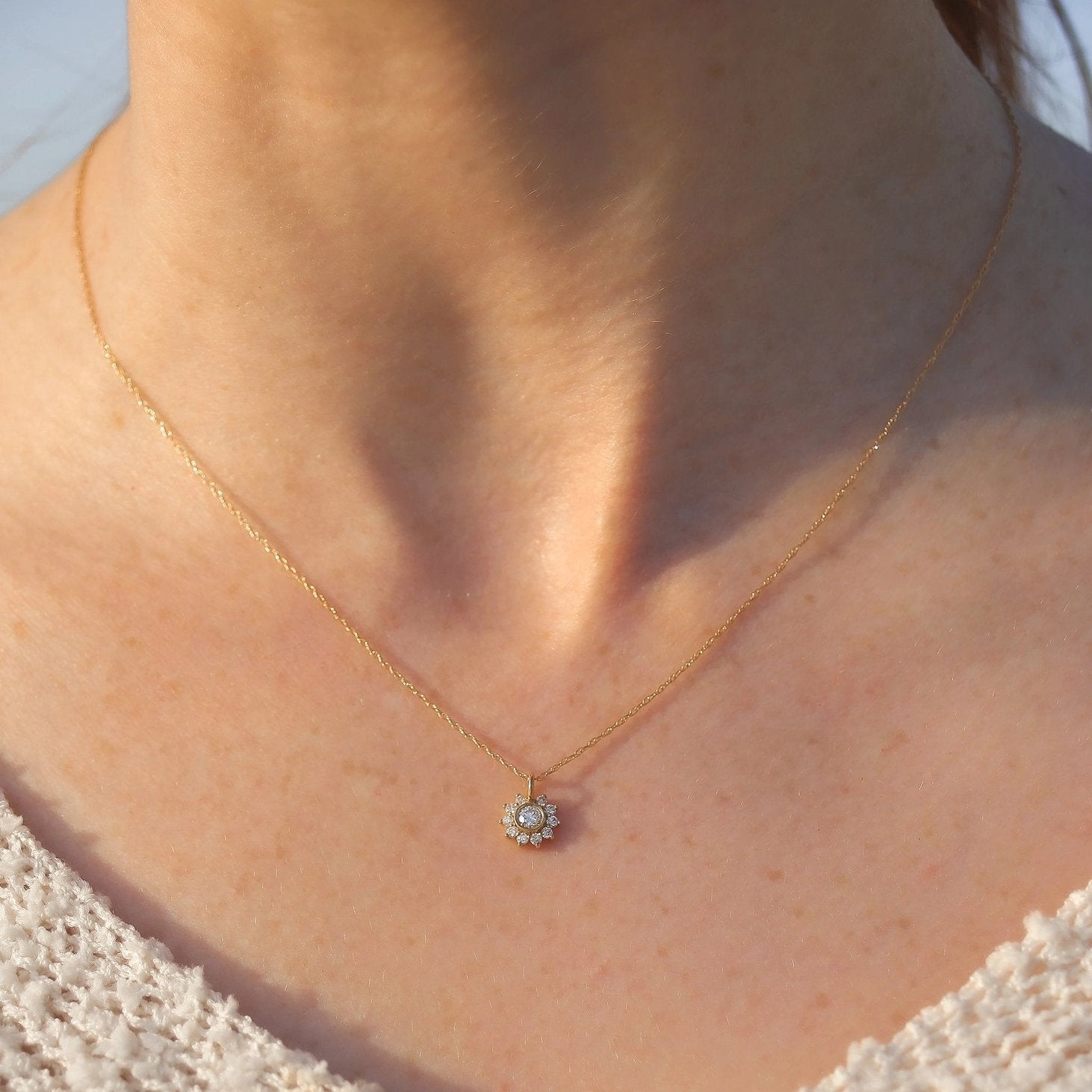 14k Gold + Diamond Sunflower Pendant Necklace