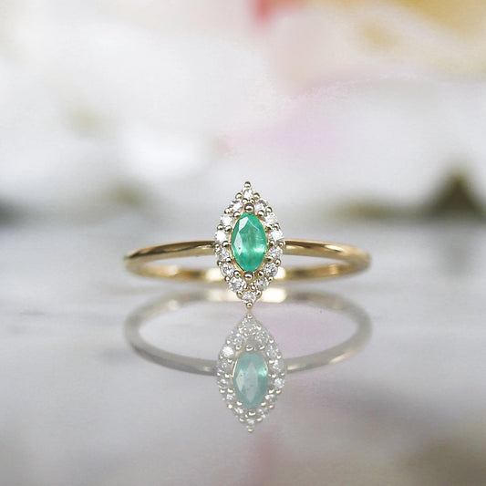 10k Gold Marquise Emerald + Diamond Ring