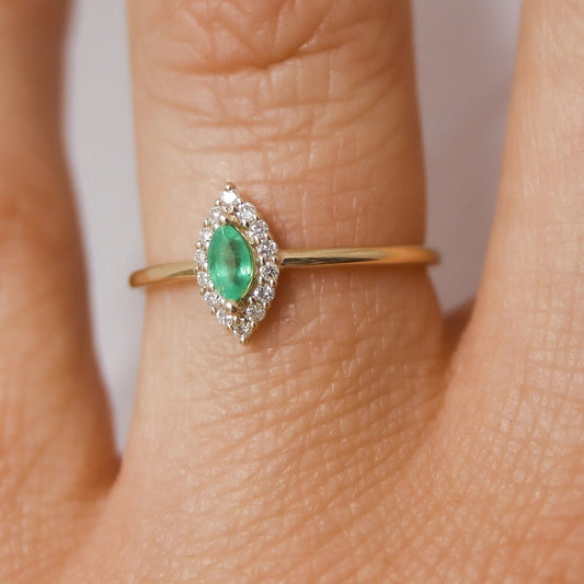 10k Gold Marquise Emerald + Diamond Ring