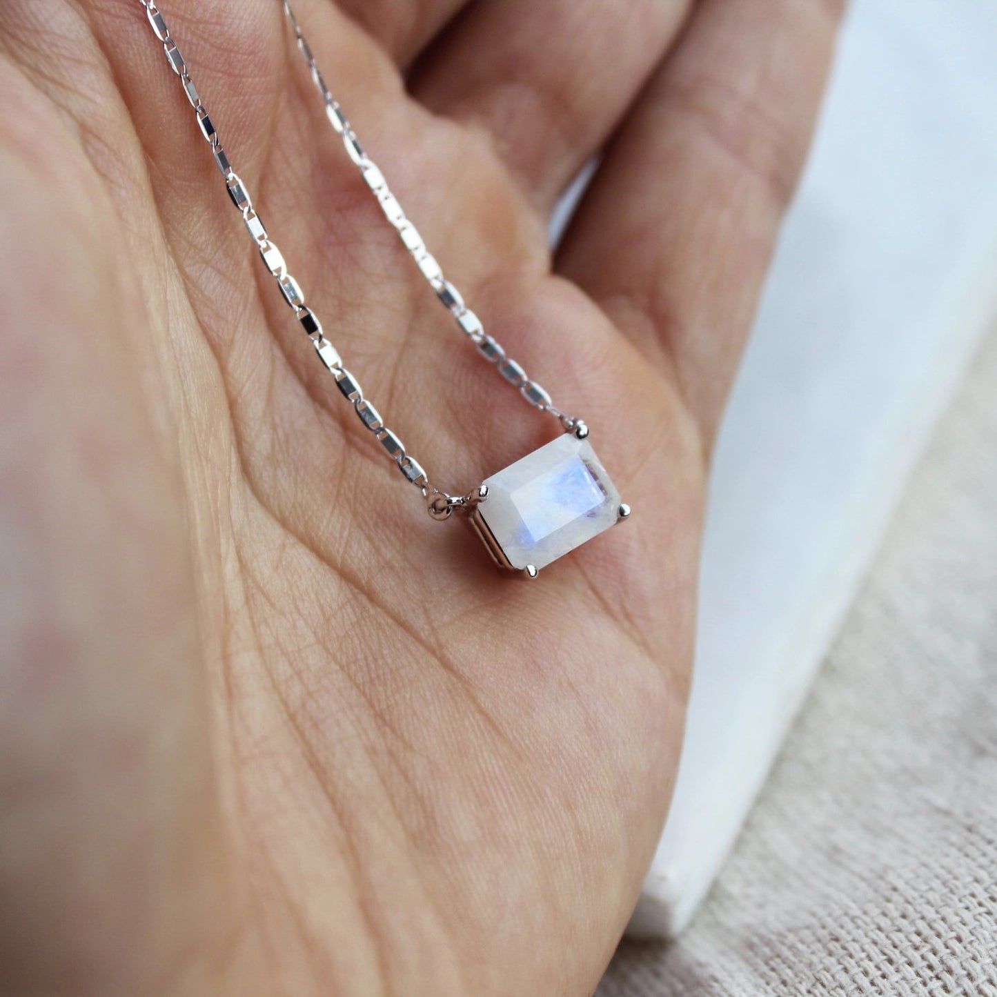 14k White Gold + Emerald-Cut Moonstone Solitaire Necklace