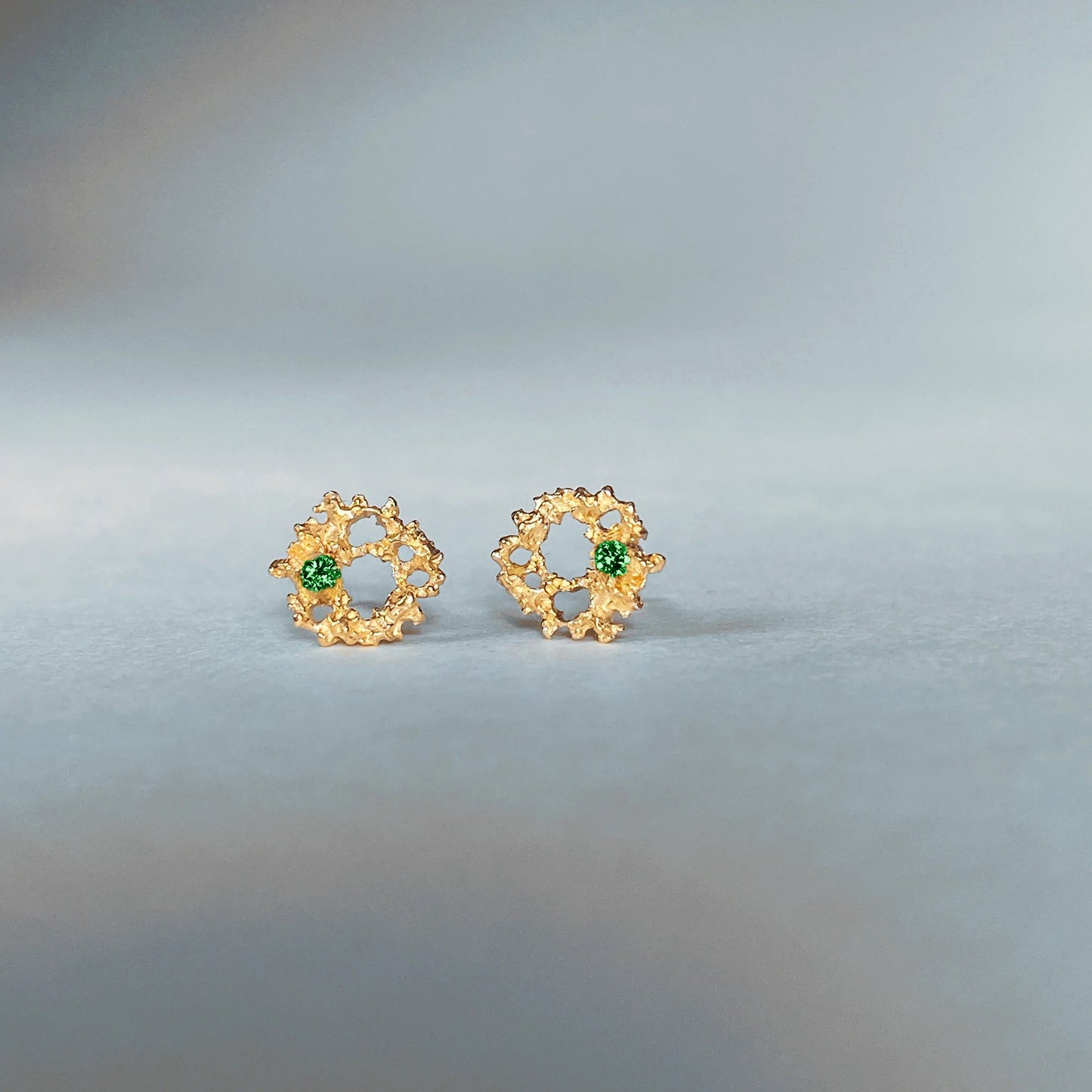 14k Gold Mini Open Circle Stud Earrings with Emeralds