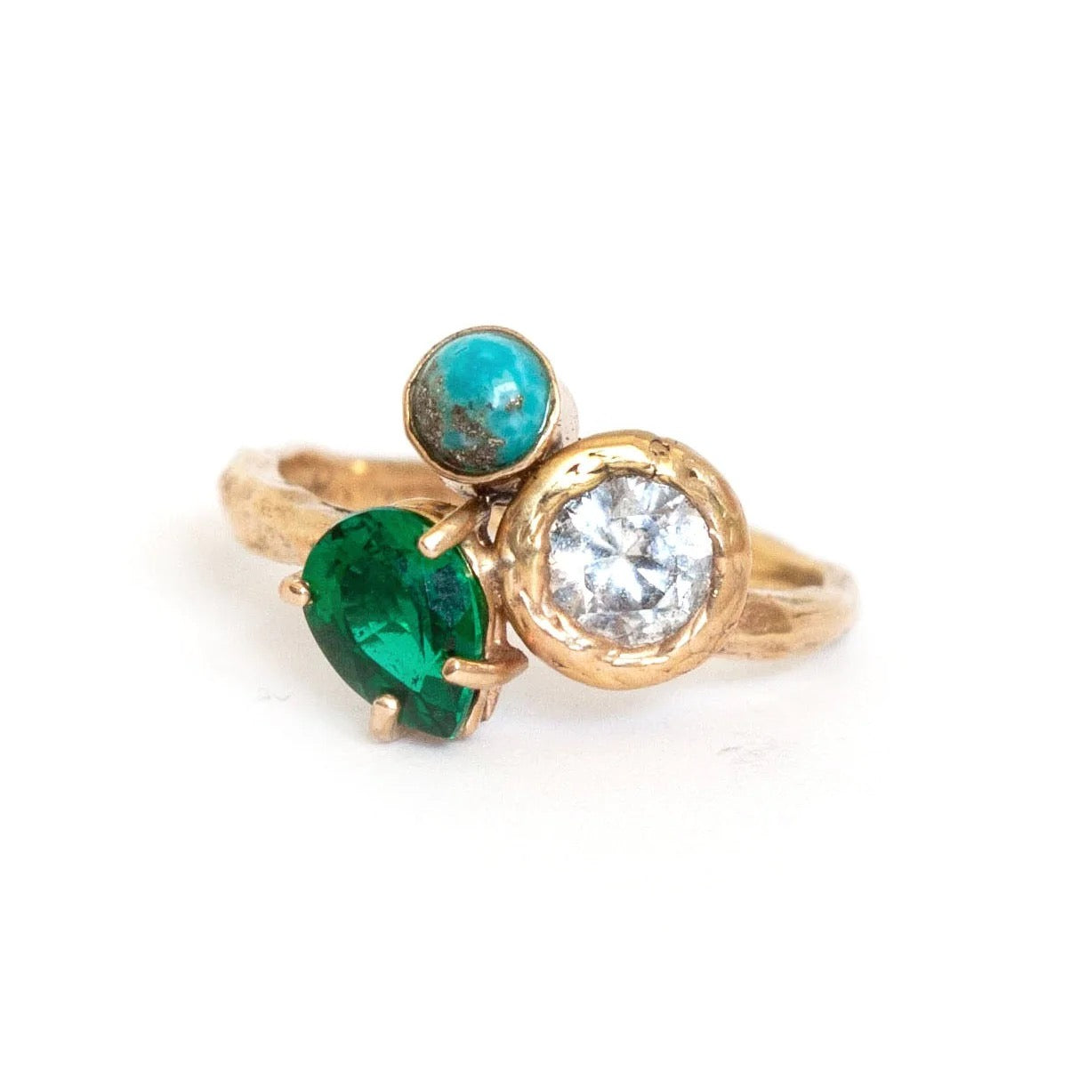 14k Gold Ring with White Sapphire, Turquoise + Emerald Cluster