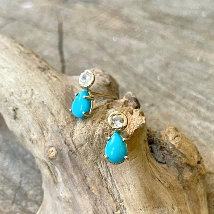 14k Gold Post Earrings with Turquoise + White Sapphire