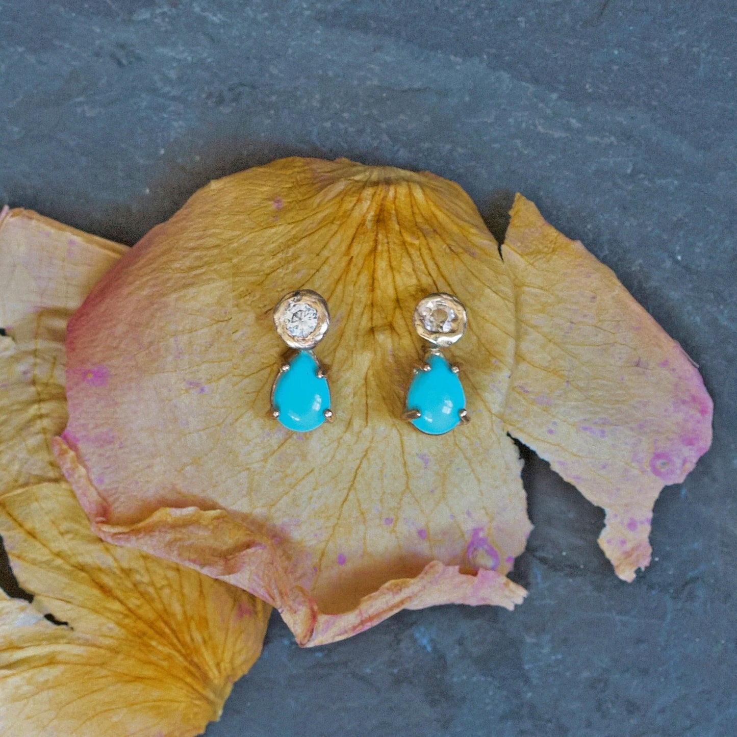 14k Gold Post Earrings with Turquoise + White Sapphire
