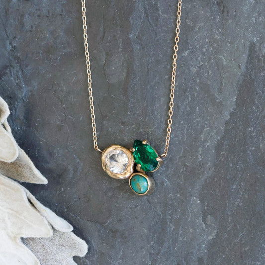 14k Gold Necklace with White Sapphire, Turquoise + Emerald Cluster Pendant