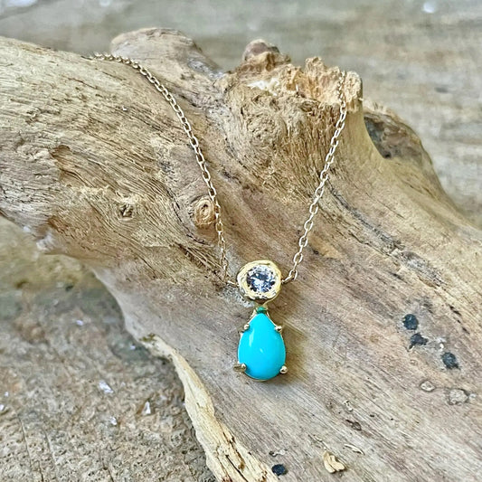 14k Gold Necklace with Turquoise + White Sapphire Pendant