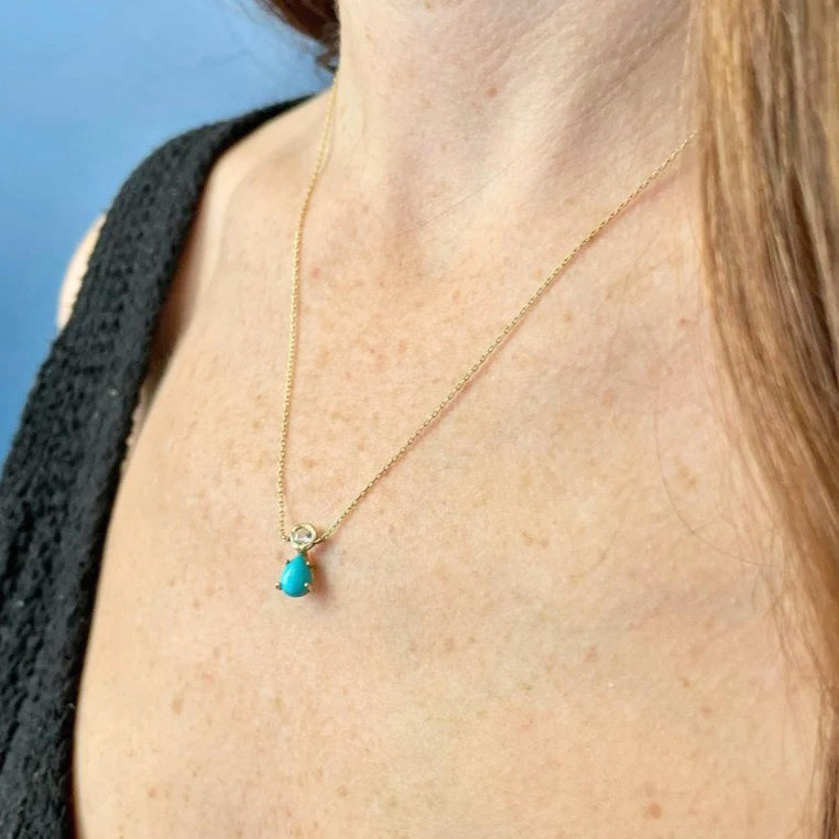 14k Gold Necklace with Turquoise + White Sapphire Pendant