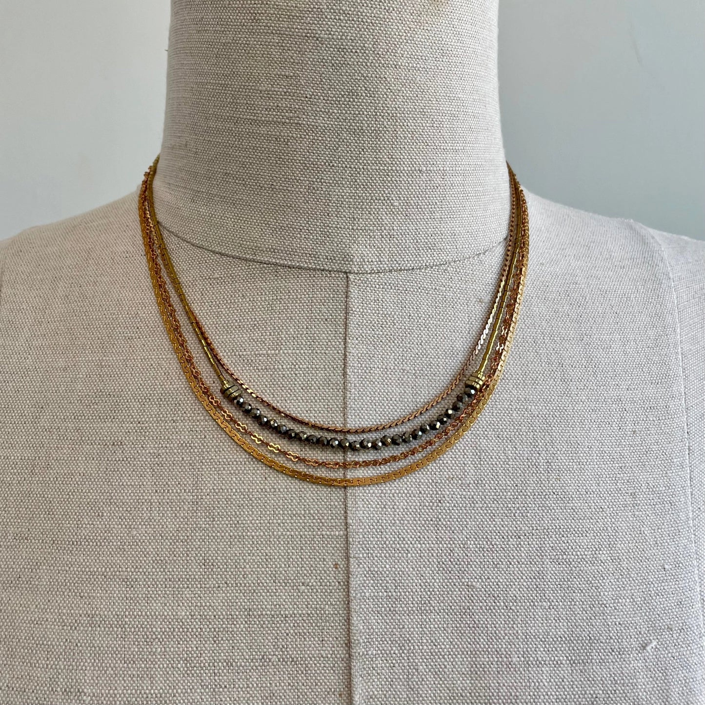 Multi-Layer Pyrite, Hematite + Vintage Brass Chain 'Tallis' Necklace