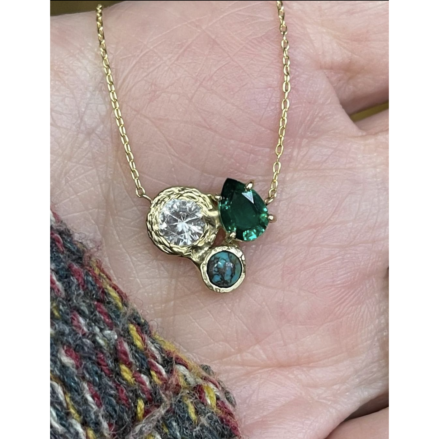 14k Gold Necklace with White Sapphire, Turquoise + Emerald Cluster Pendant