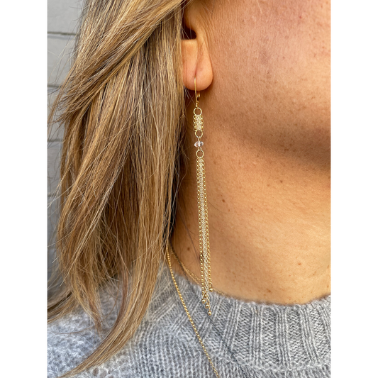 Long Silver + Gold Fringe Duster Earrings with Clear Quartz + Pyrite Accents