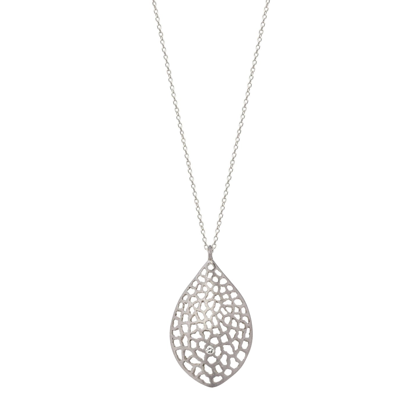 Lacy Leaf Sterling Silver Pendant Necklace with Diamond